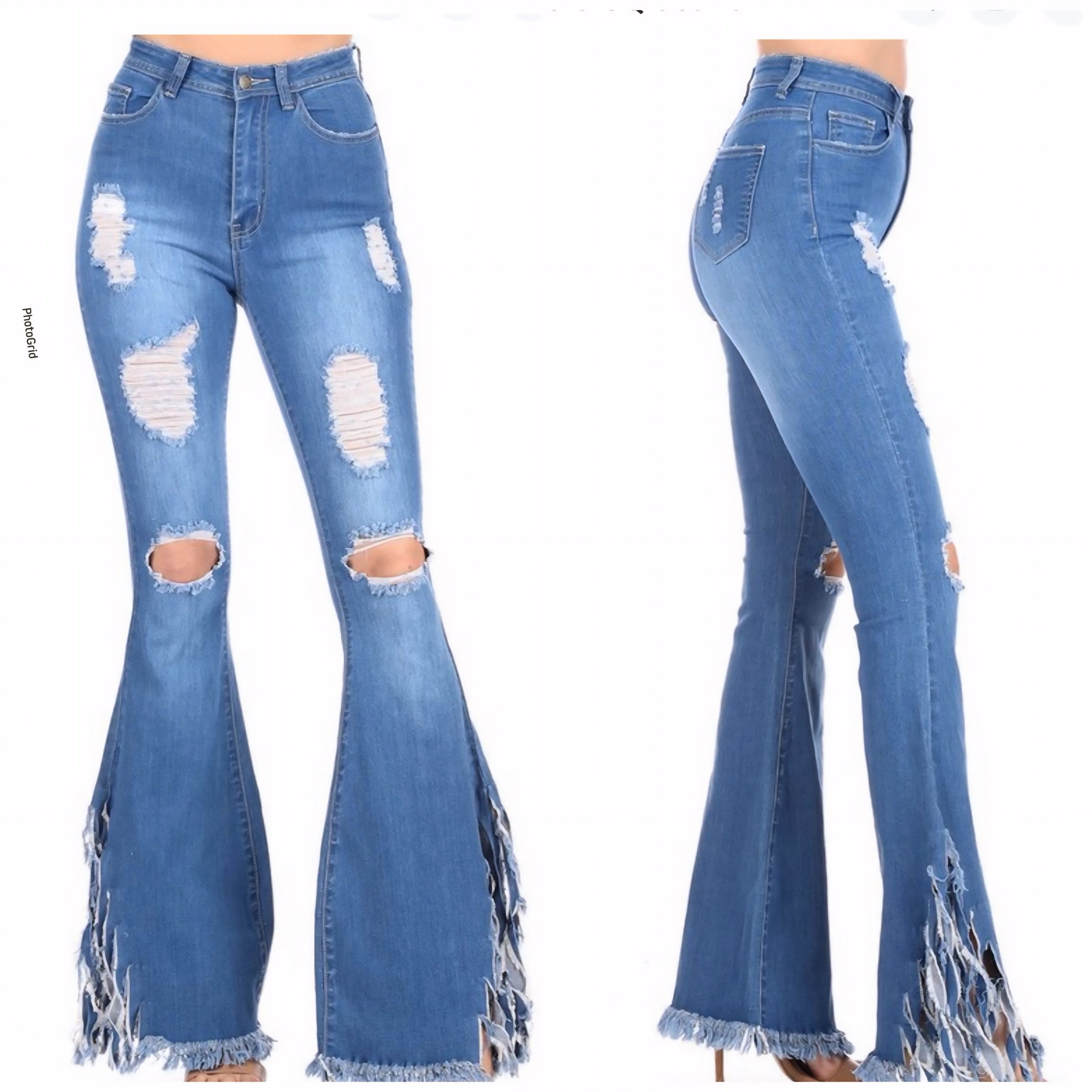 Pair of distressed blue jeans with frayed hem on a white background