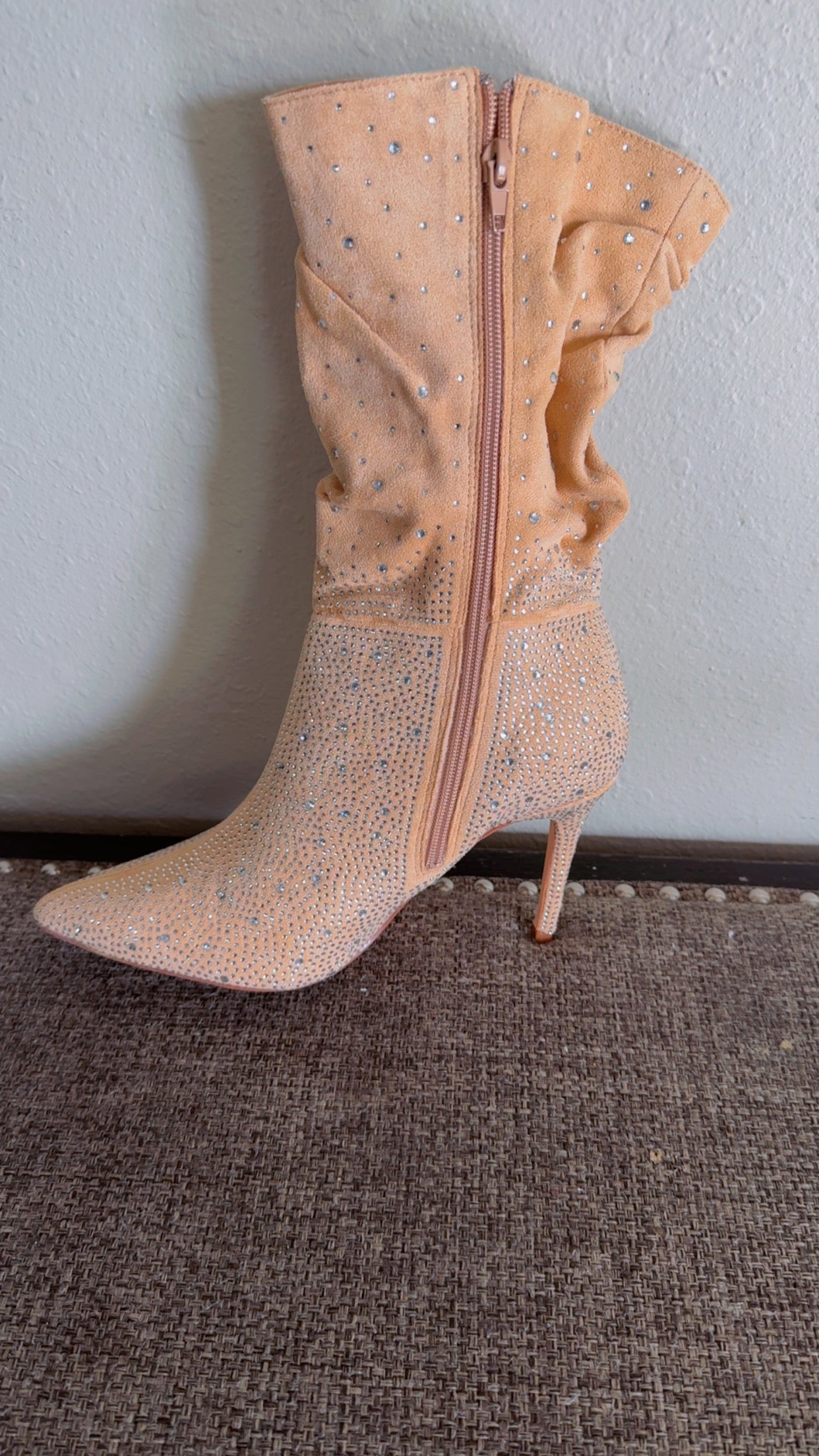 Cream Women’s Rhinestone Slouch Booties – Pointed Toe Stiletto Heel Sparkly Ankle Boots