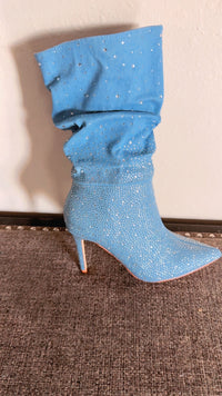 Denim Women’s Rhinestone Slouch Booties – Pointed Toe Stiletto Heel Sparkly Ankle Boots