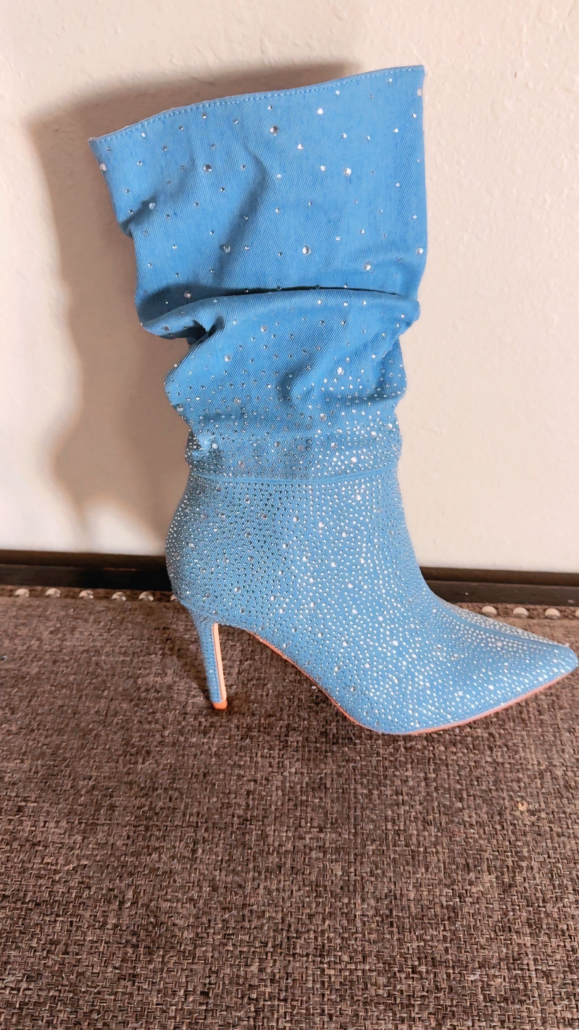 Denim Women’s Rhinestone Slouch Booties – Pointed Toe Stiletto Heel Sparkly Ankle Boots