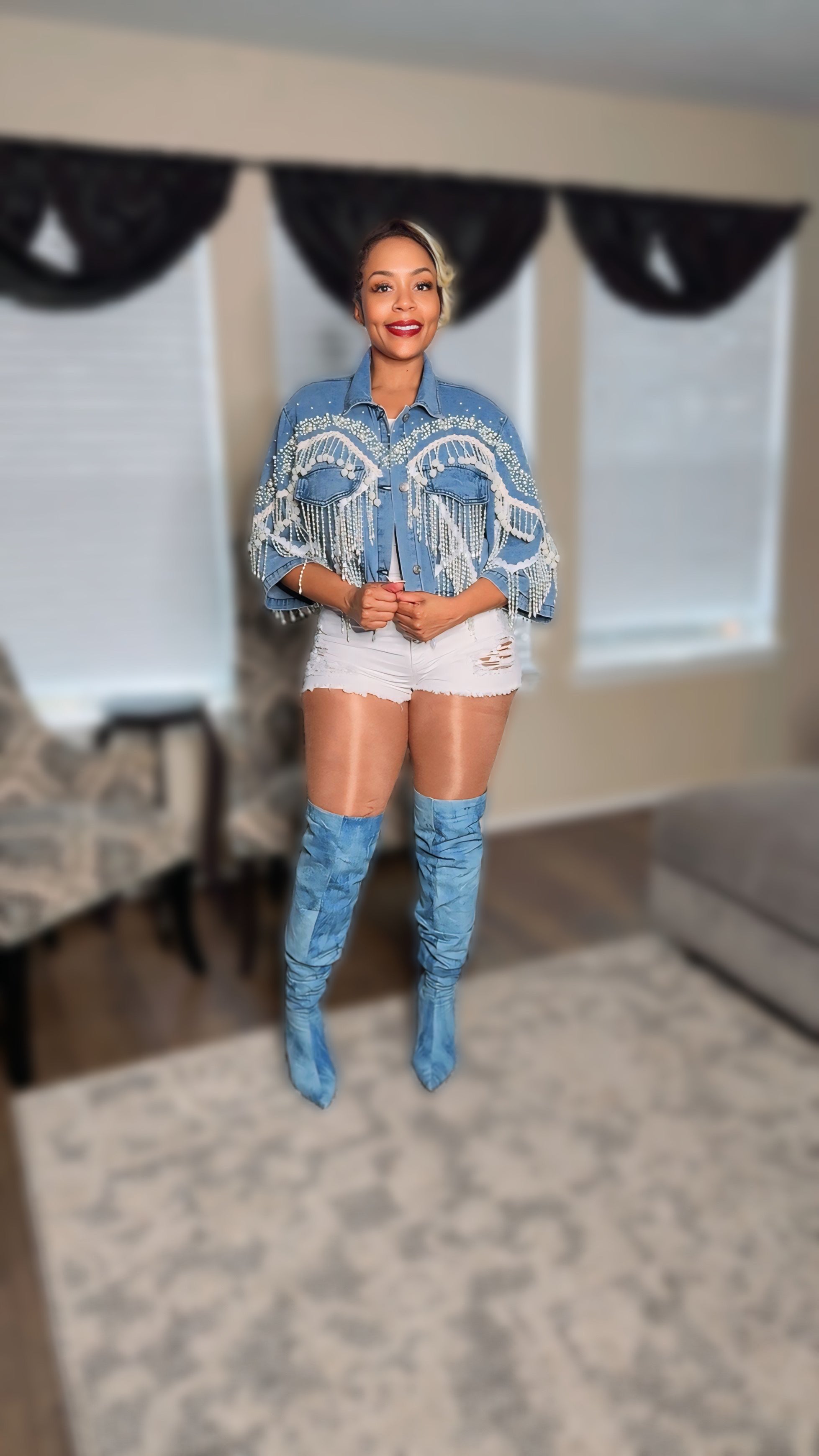 Adelynne Denim Pearl Point Collar Wide Sleeves Denim Crop Jacket