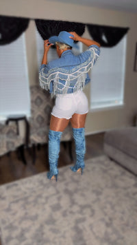 Adelynne Denim Pearl Point Collar Wide Sleeves Denim Crop Jacket