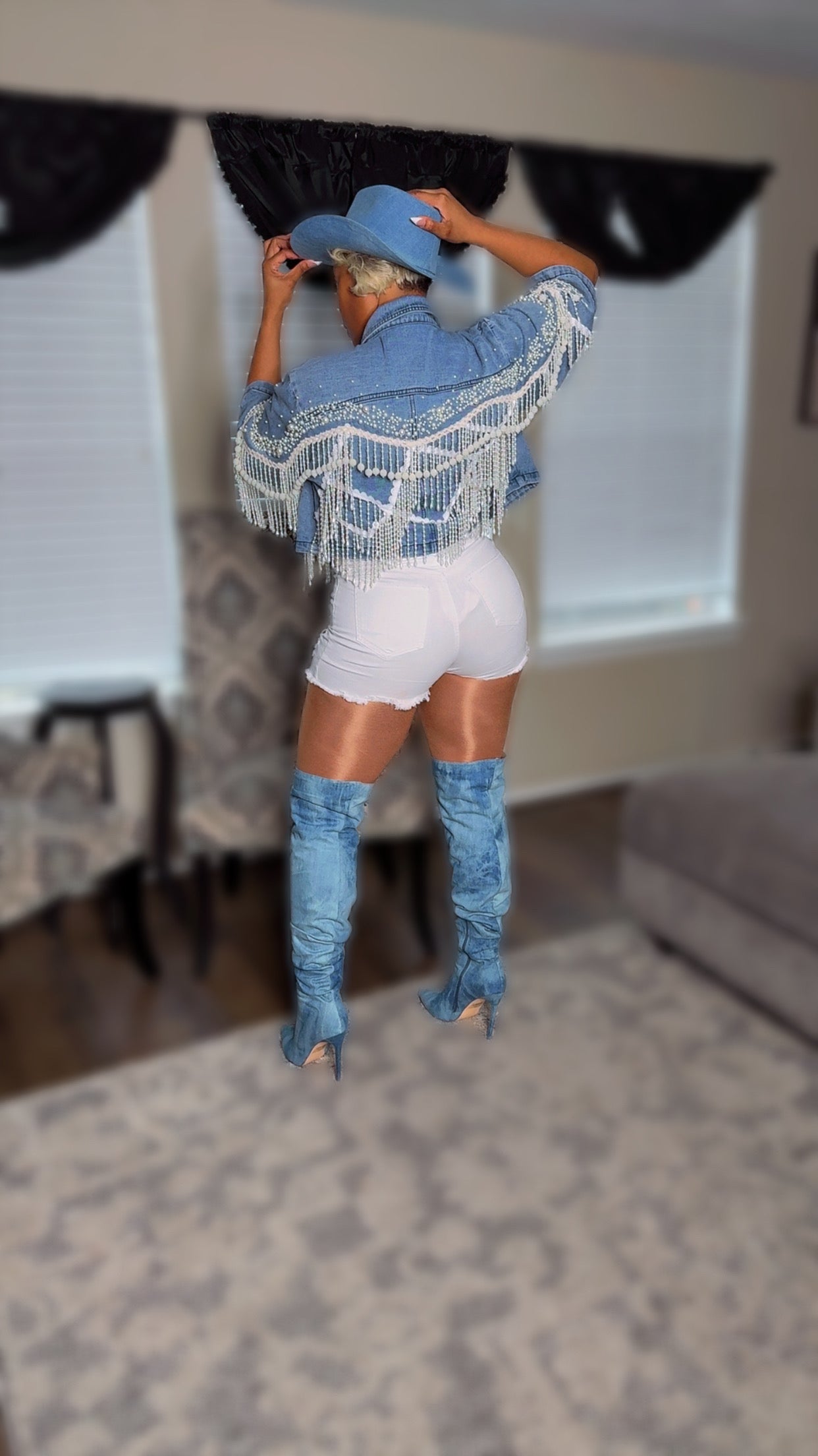 Adelynne Denim Pearl Point Collar Wide Sleeves Denim Crop Jacket