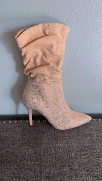 Cream Women’s Rhinestone Slouch Booties – Pointed Toe Stiletto Heel Sparkly Ankle Boots