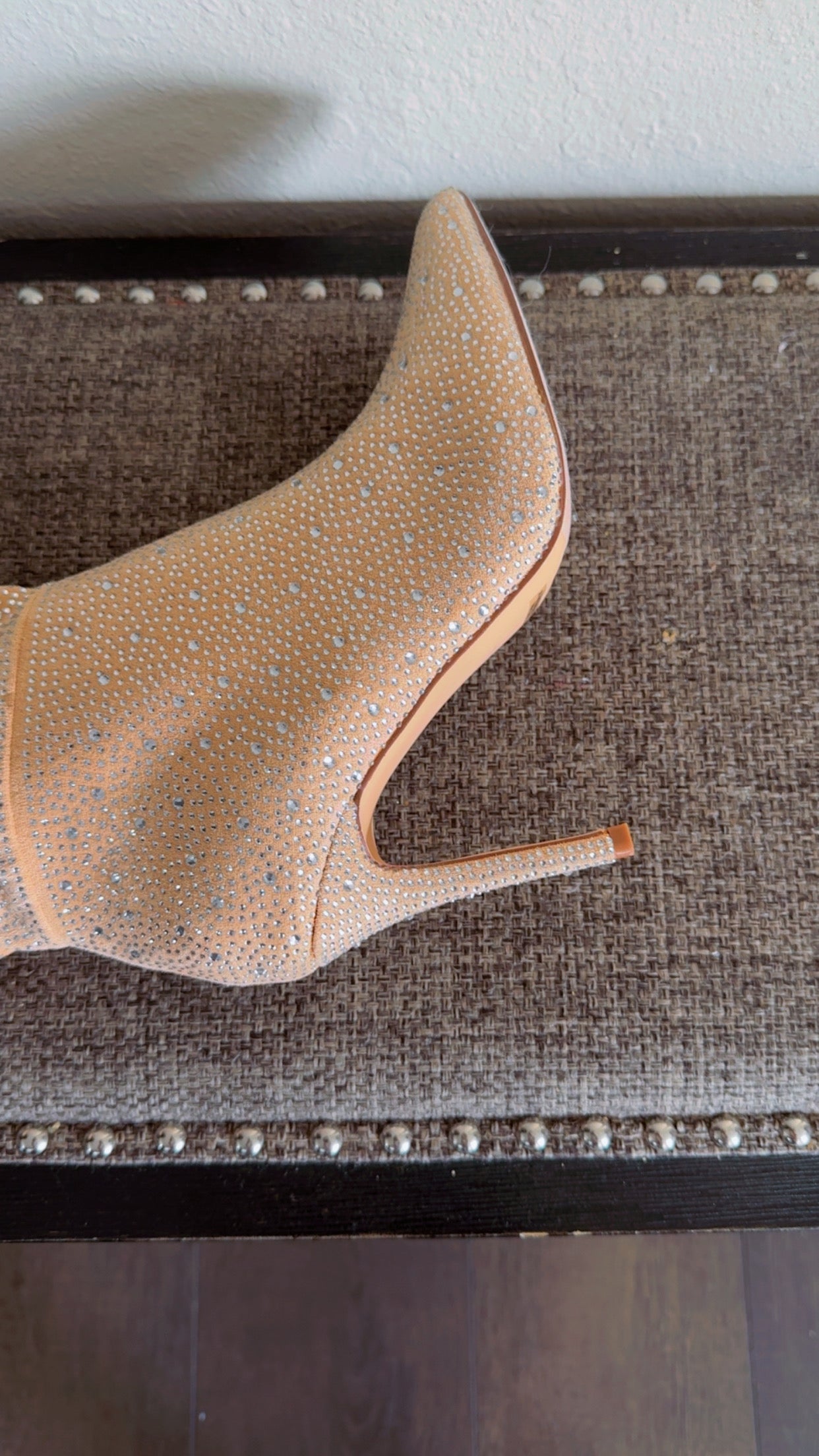 Cream Women’s Rhinestone Slouch Booties – Pointed Toe Stiletto Heel Sparkly Ankle Boots