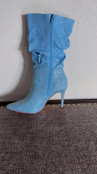 Denim Women’s Rhinestone Slouch Booties – Pointed Toe Stiletto Heel Sparkly Ankle Boots