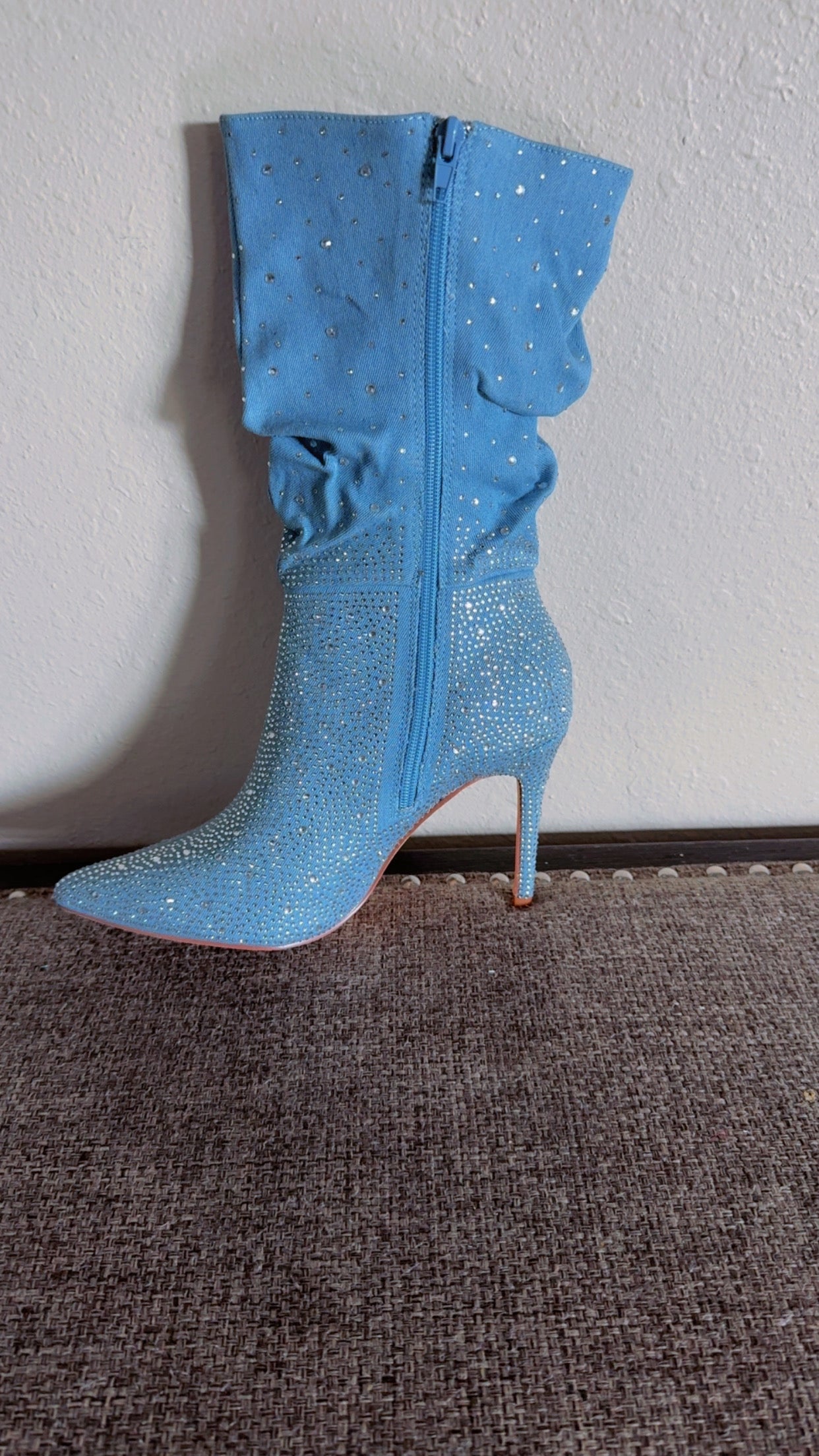 Denim Women’s Rhinestone Slouch Booties – Pointed Toe Stiletto Heel Sparkly Ankle Boots