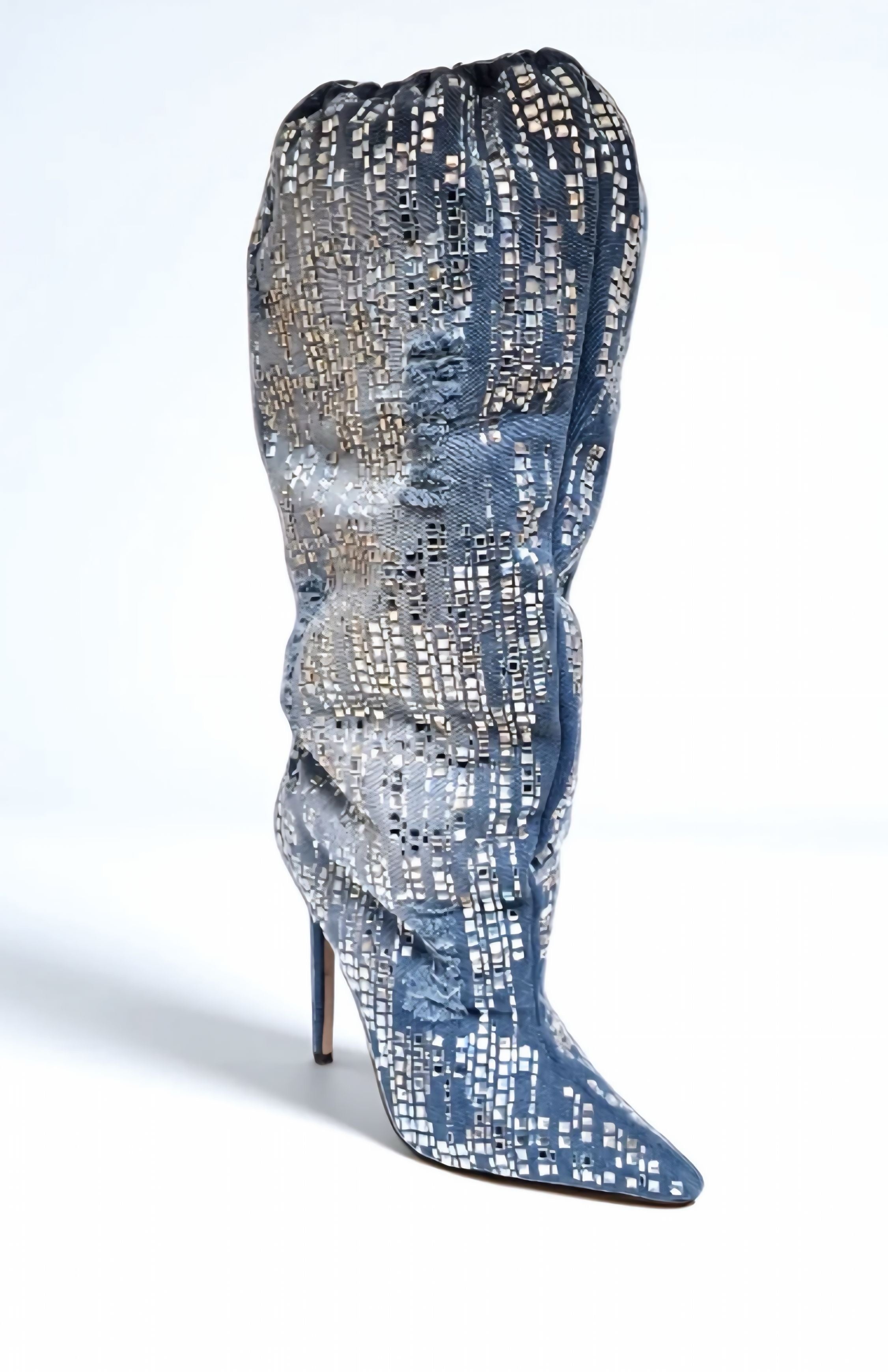Blue sequin knee-high boot on a white background